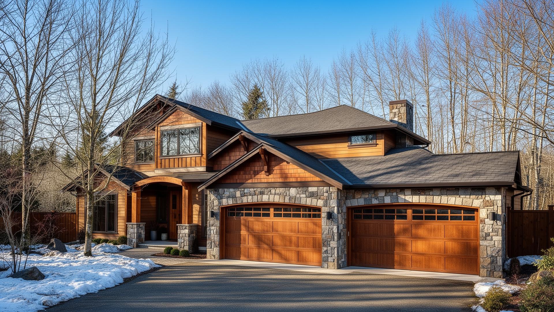 Beautiful Tuscan inspired garage doors with stone surround on Pacific Northwest home